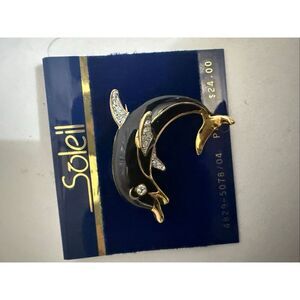 Vintage Soliel Women's Gold-Tone Rhinestones Bling Dolphin Brooch Pin Black NWT